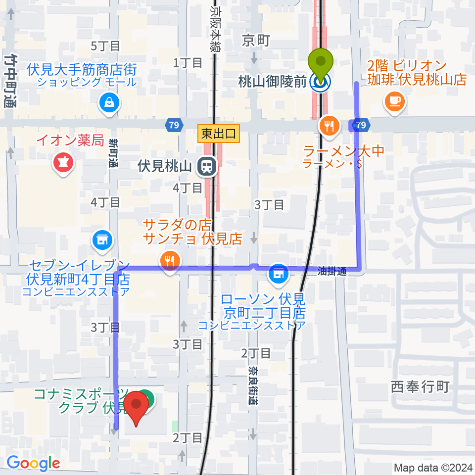 ユニスタイル京都伏見 若林楽器店の最寄駅桃山御陵前駅からの徒歩ルート（約6分）地図