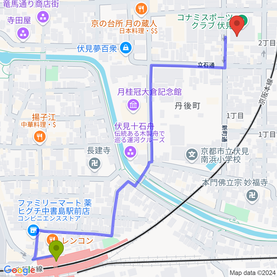 中書島駅からユニスタイル京都伏見 若林楽器店へのルートマップ地図