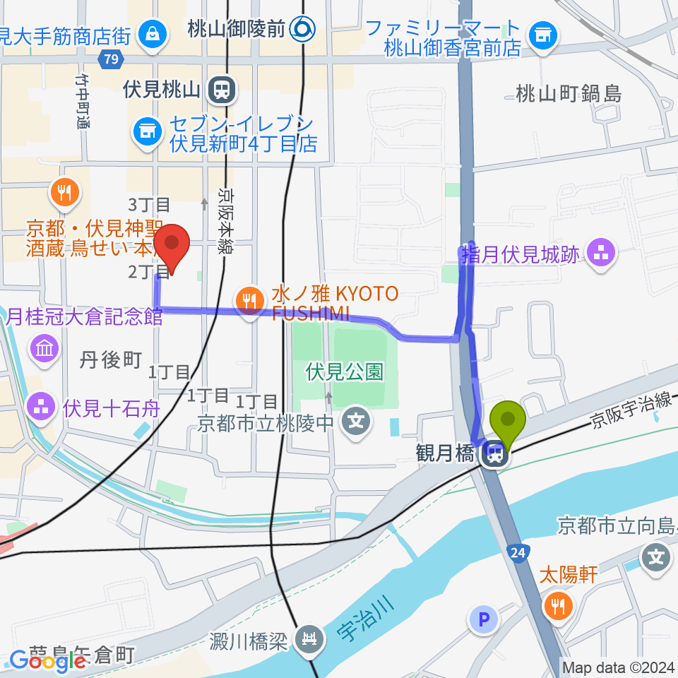 観月橋駅からユニスタイル京都伏見 若林楽器店へのルートマップ地図