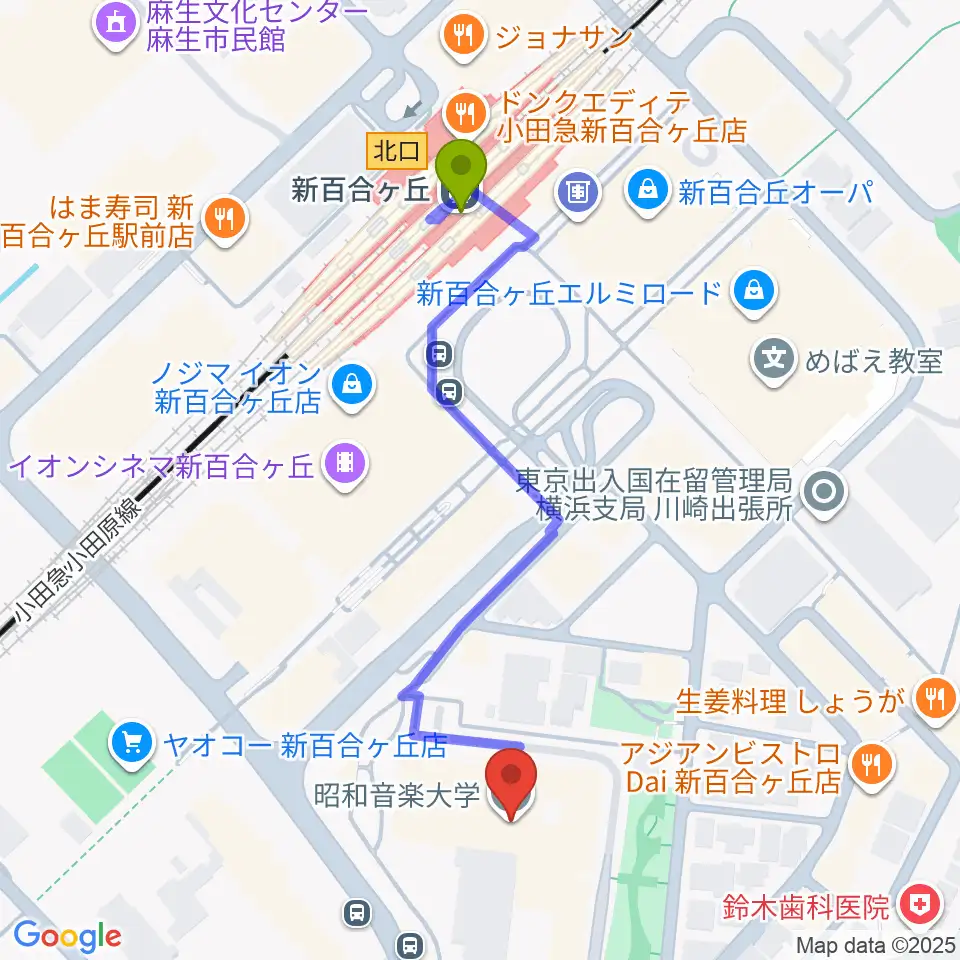 昭和音楽大学の最寄駅新百合ヶ丘駅からの徒歩ルート（約5分）地図