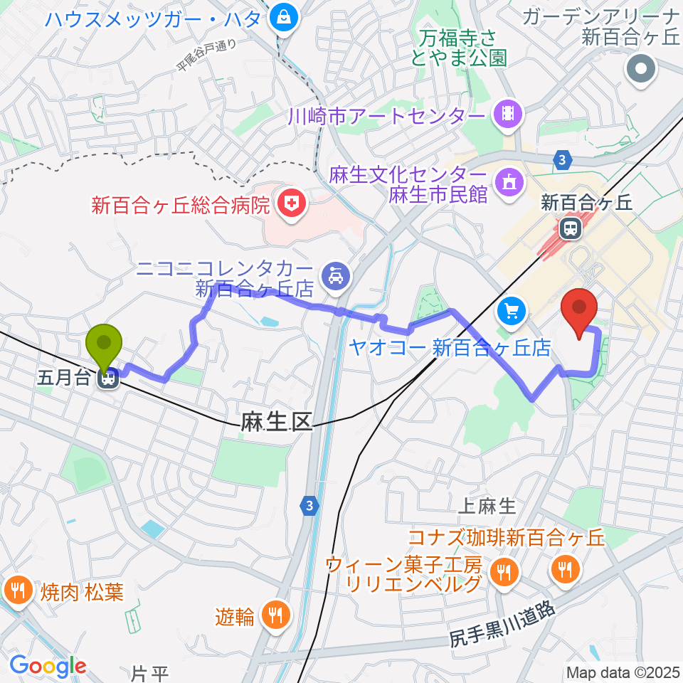 五月台駅から昭和音楽大学へのルートマップ地図