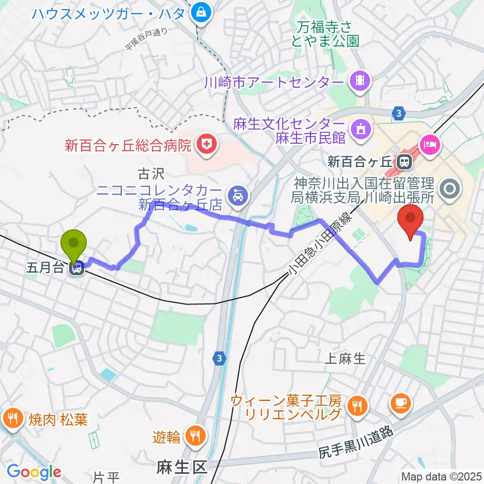 五月台駅から昭和音楽大学へのルートマップ地図