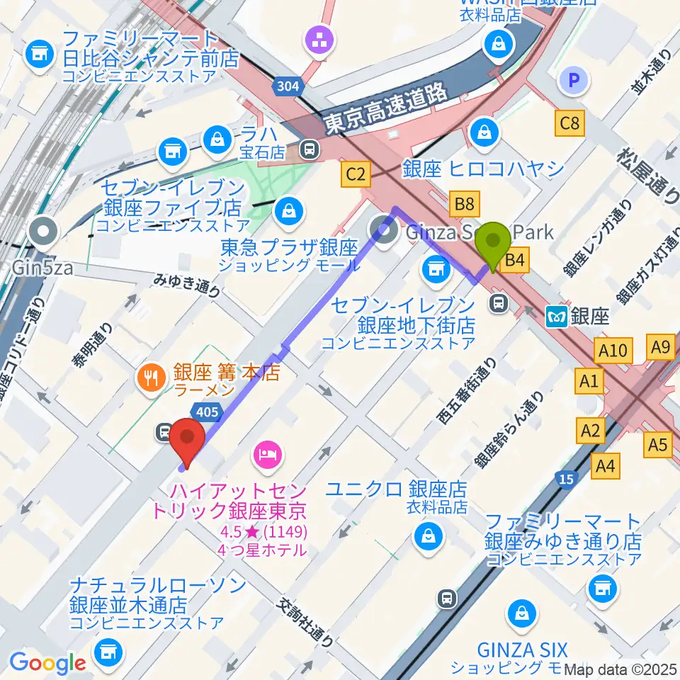 国際新堀芸術学院 東京校の最寄駅銀座駅からの徒歩ルート（約4分）地図