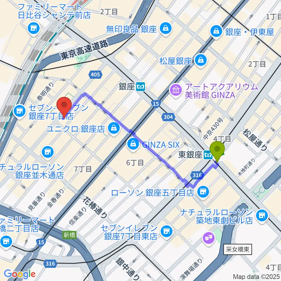 東銀座駅から国際新堀芸術学院 東京校へのルートマップ地図