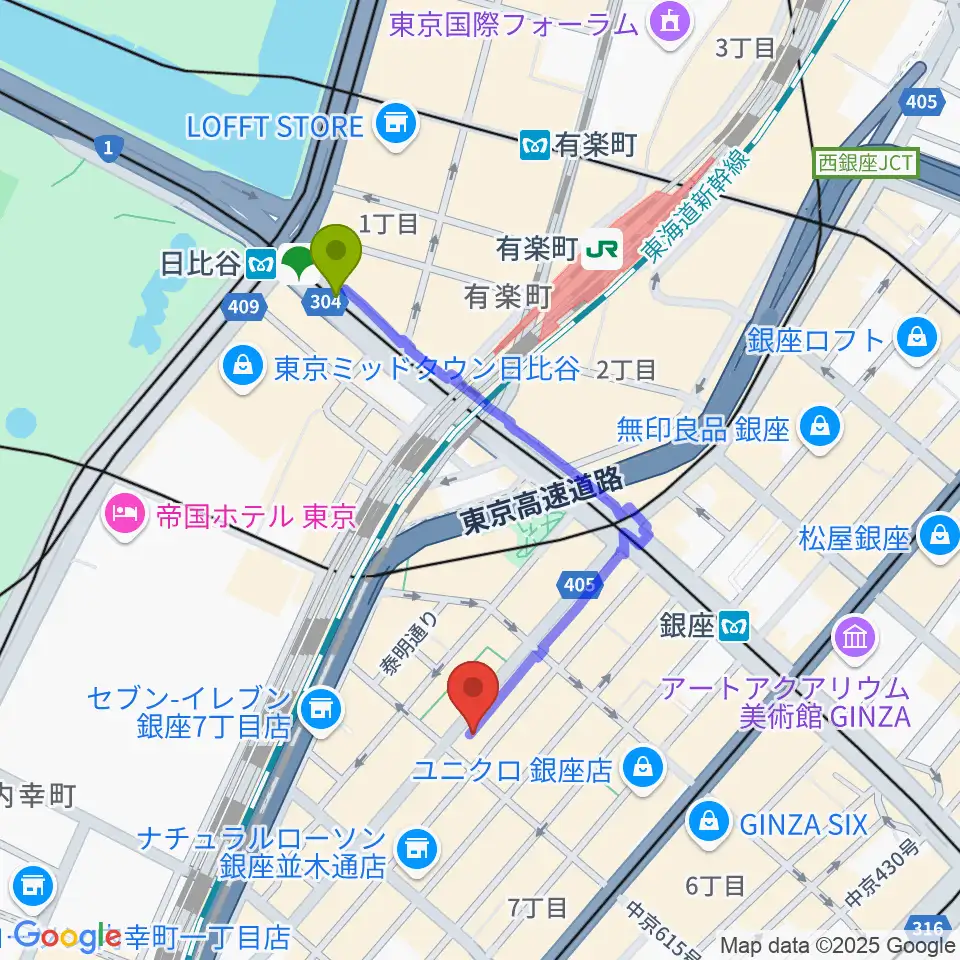 日比谷駅から国際新堀芸術学院 東京校へのルートマップ地図