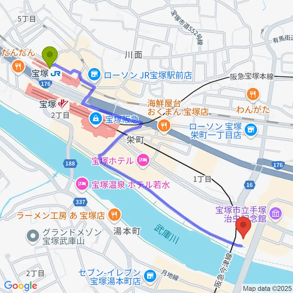 宝塚駅から宝塚音楽学校へのルートマップ地図