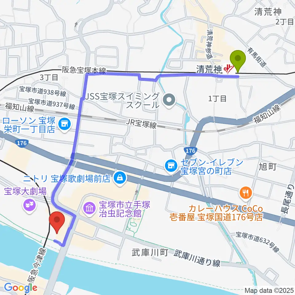 清荒神駅から宝塚音楽学校へのルートマップ地図