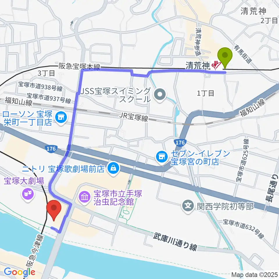 清荒神駅から宝塚音楽学校へのルートマップ地図