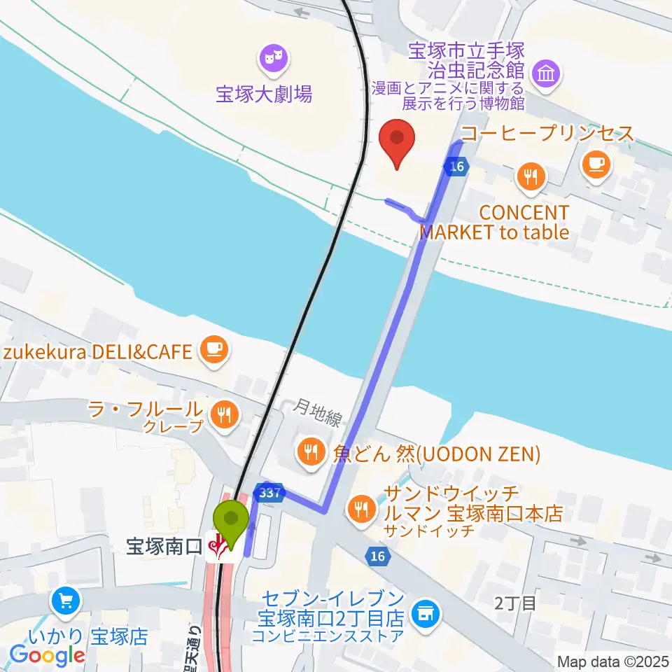 宝塚音楽学校の最寄駅宝塚南口駅からの徒歩ルート（約5分）地図