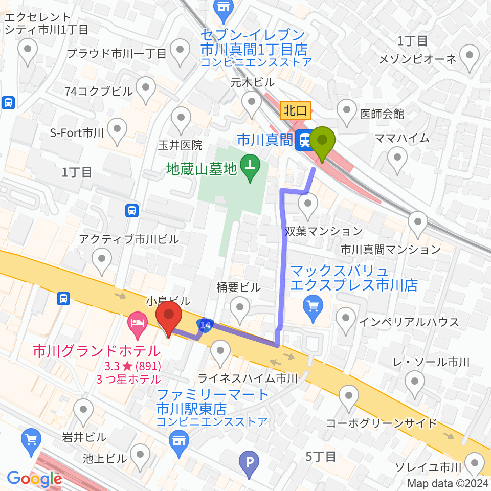 市川真間駅からh.s.trashへのルートマップ地図