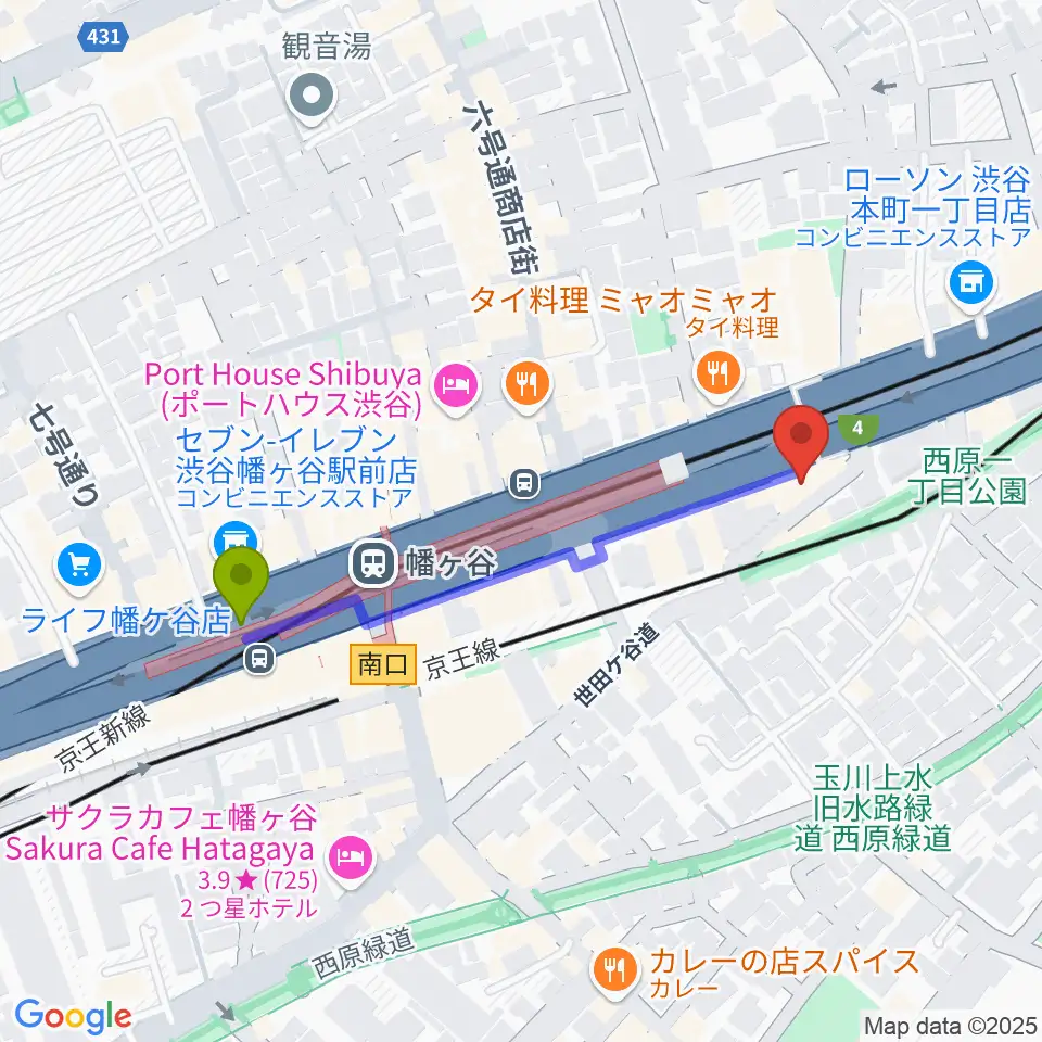 幡ヶ谷駅から幡ヶ谷リバーススタジオへのルートマップ地図