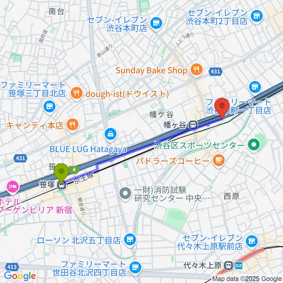 笹塚駅から幡ヶ谷リバーススタジオへのルートマップ地図