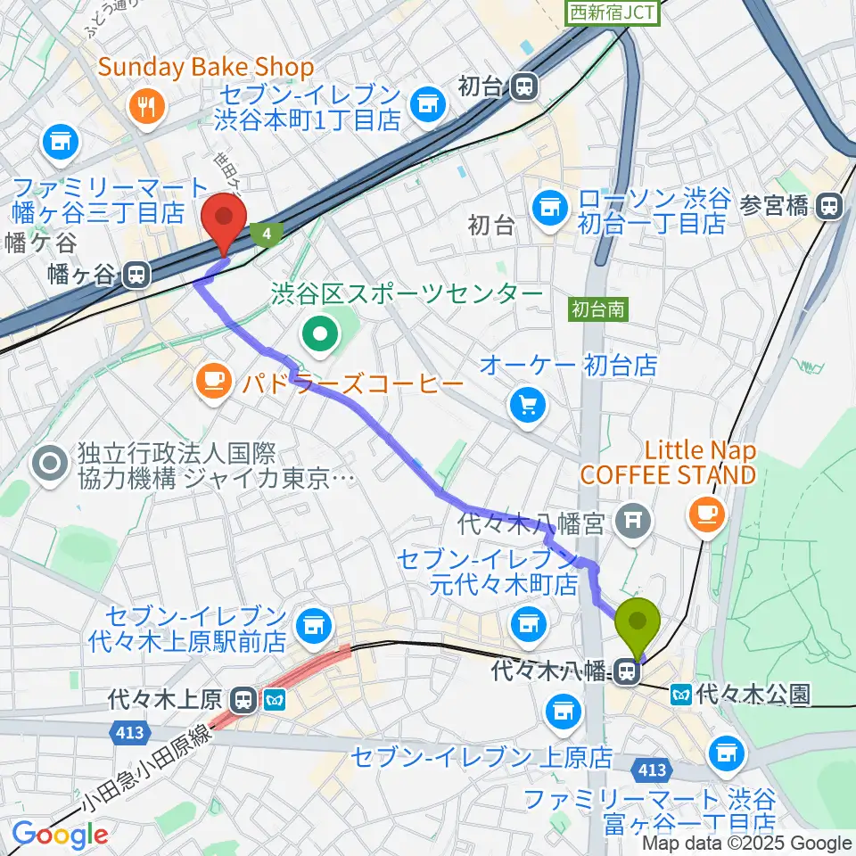 代々木八幡駅から幡ヶ谷リバーススタジオへのルートマップ地図