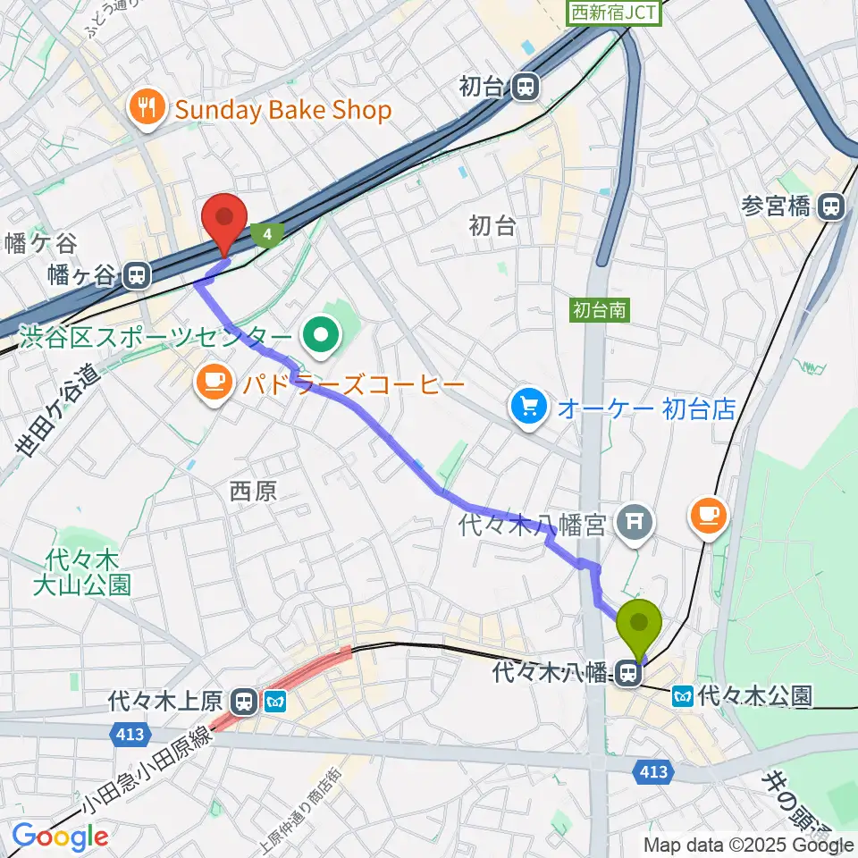 代々木八幡駅から幡ヶ谷リバーススタジオへのルートマップ地図