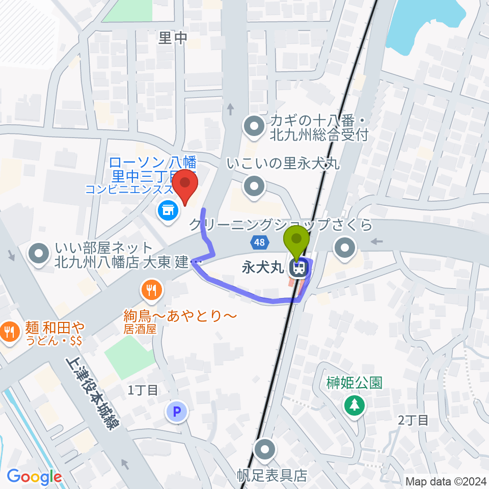 CIUスタジオの最寄駅永犬丸駅からの徒歩ルート（約2分）地図