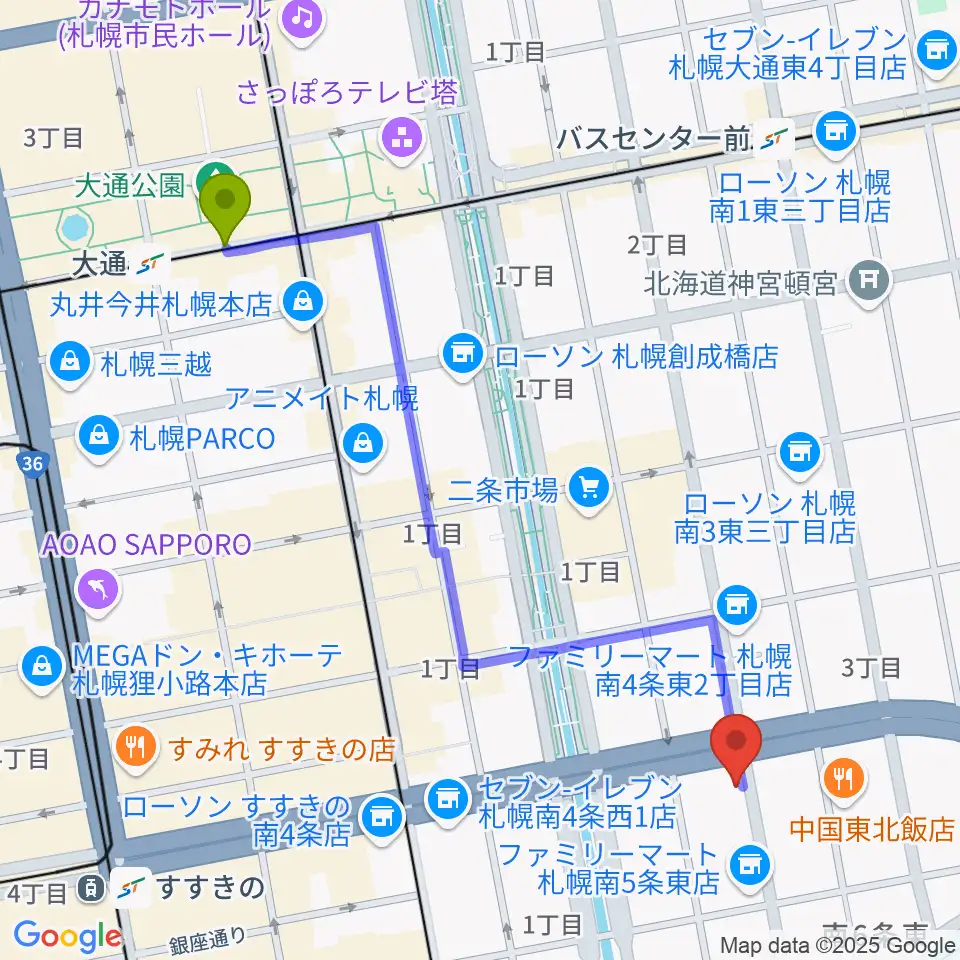 大通駅から中華二胡学院へのルートマップ地図