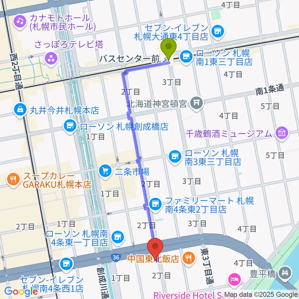 バスセンター前駅から中華二胡学院へのルートマップ地図