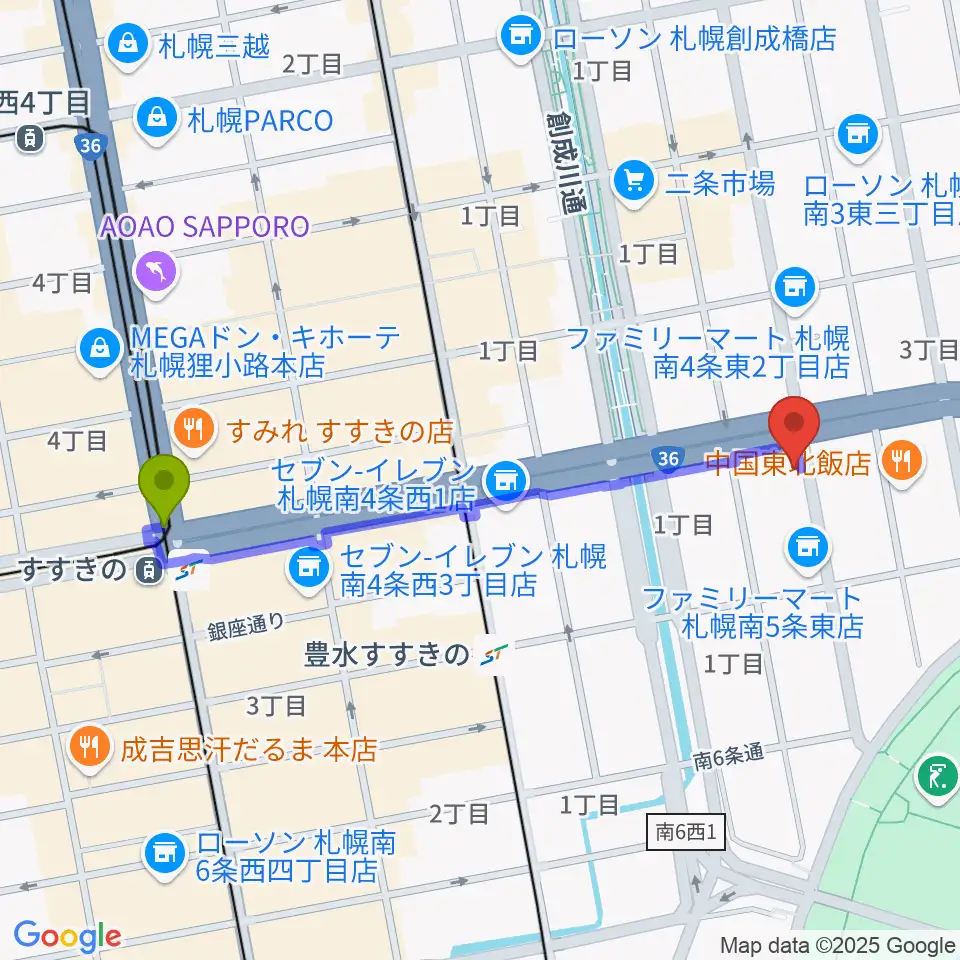 すすきの駅から中華二胡学院へのルートマップ地図