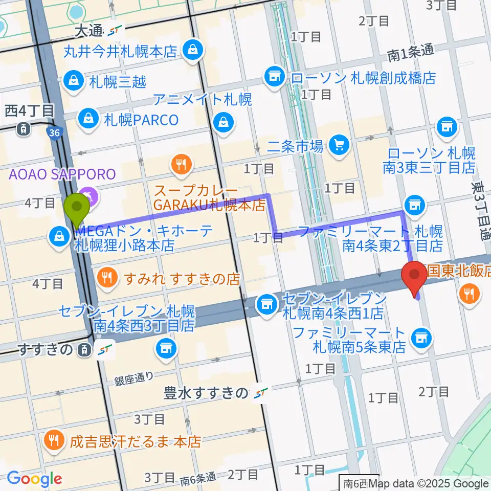 狸小路駅から中華二胡学院へのルートマップ地図