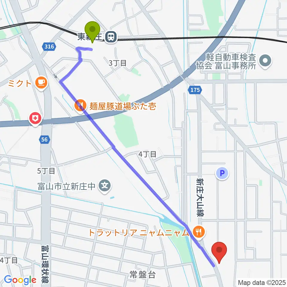 わをん音楽教室の最寄駅東新庄駅からの徒歩ルート（約14分）地図
