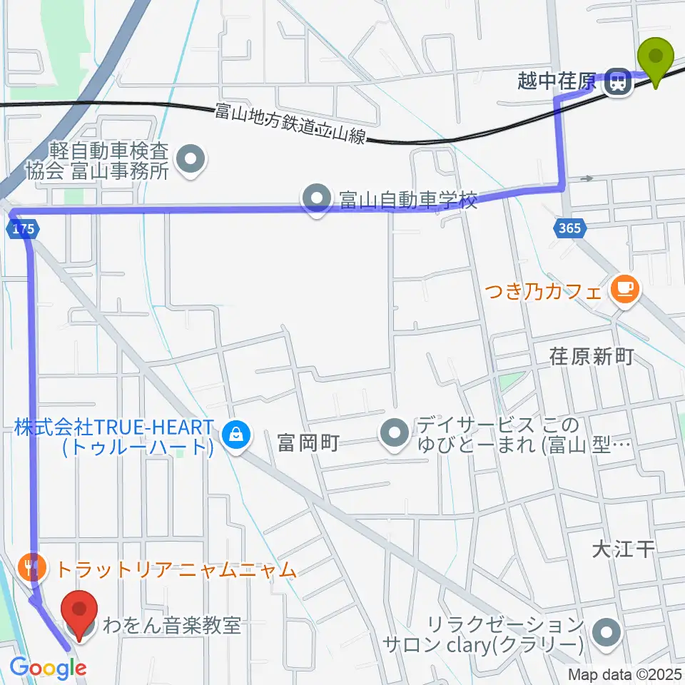 越中荏原駅からわをん音楽教室へのルートマップ地図