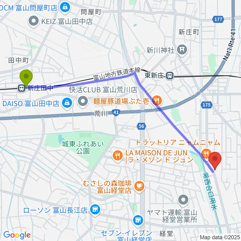 新庄田中駅からわをん音楽教室へのルートマップ地図