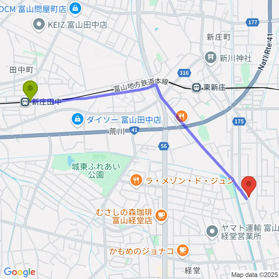 新庄田中駅からわをん音楽教室へのルートマップ地図