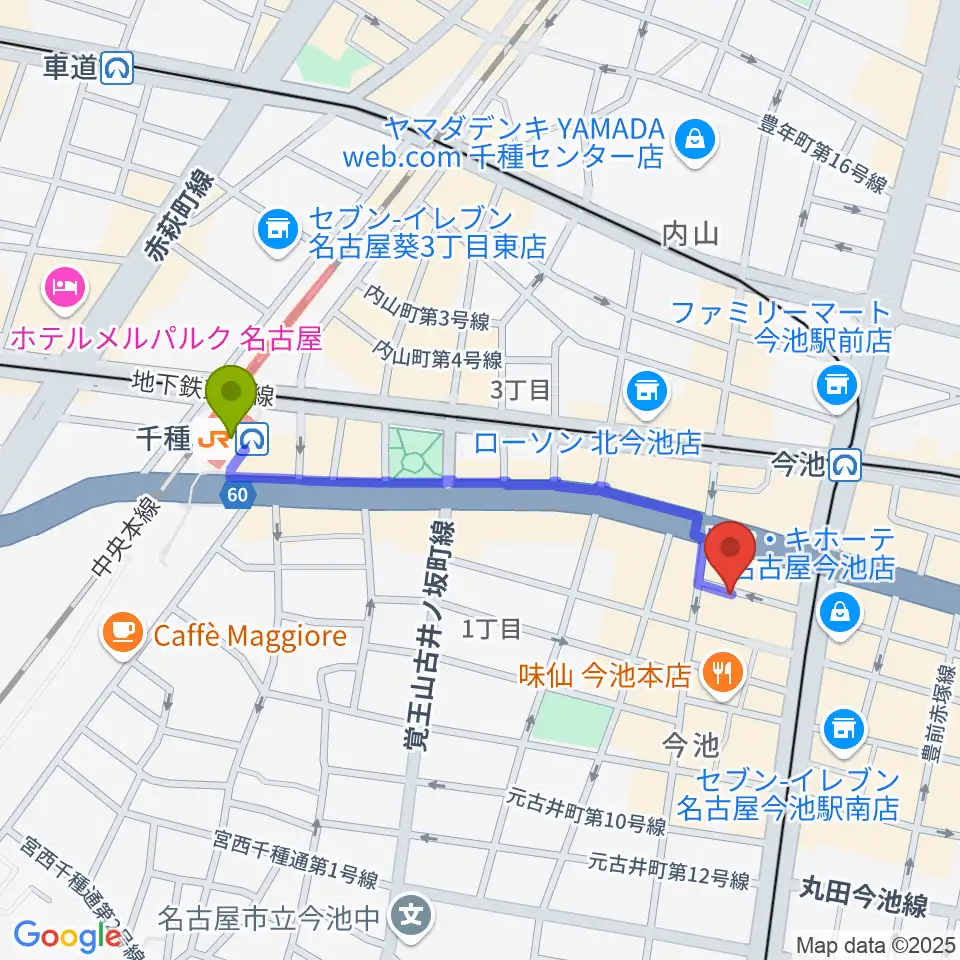 千種駅から今池バレンタインドライブへのルートマップ地図
