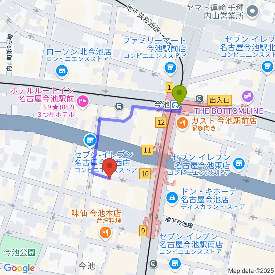 今池バレンタインドライブの最寄駅今池駅からの徒歩ルート（約3分）地図