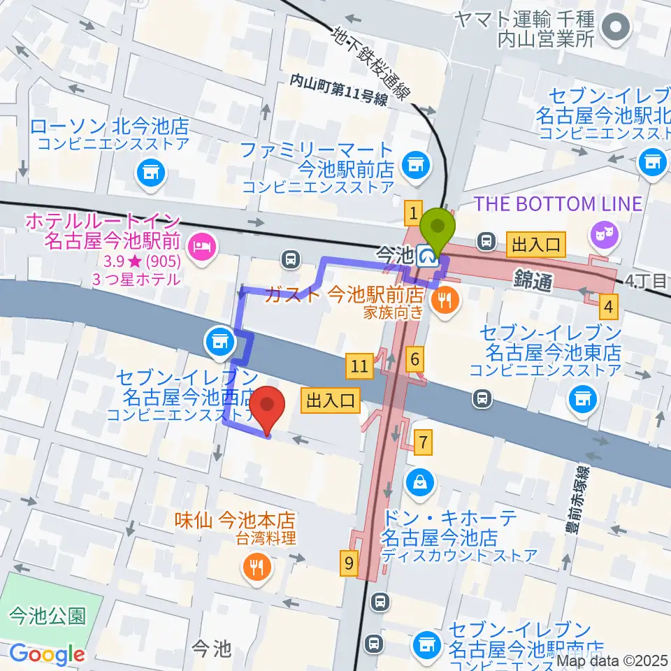 今池バレンタインドライブの最寄駅今池駅からの徒歩ルート（約3分）地図