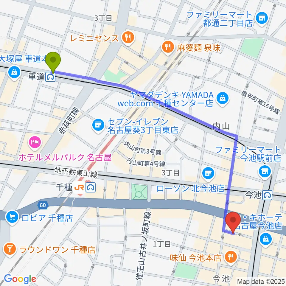 車道駅から今池バレンタインドライブへのルートマップ地図