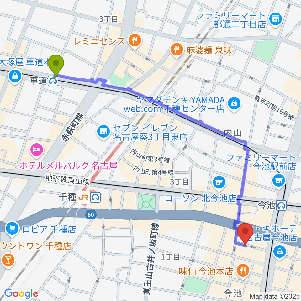 車道駅から今池バレンタインドライブへのルートマップ地図