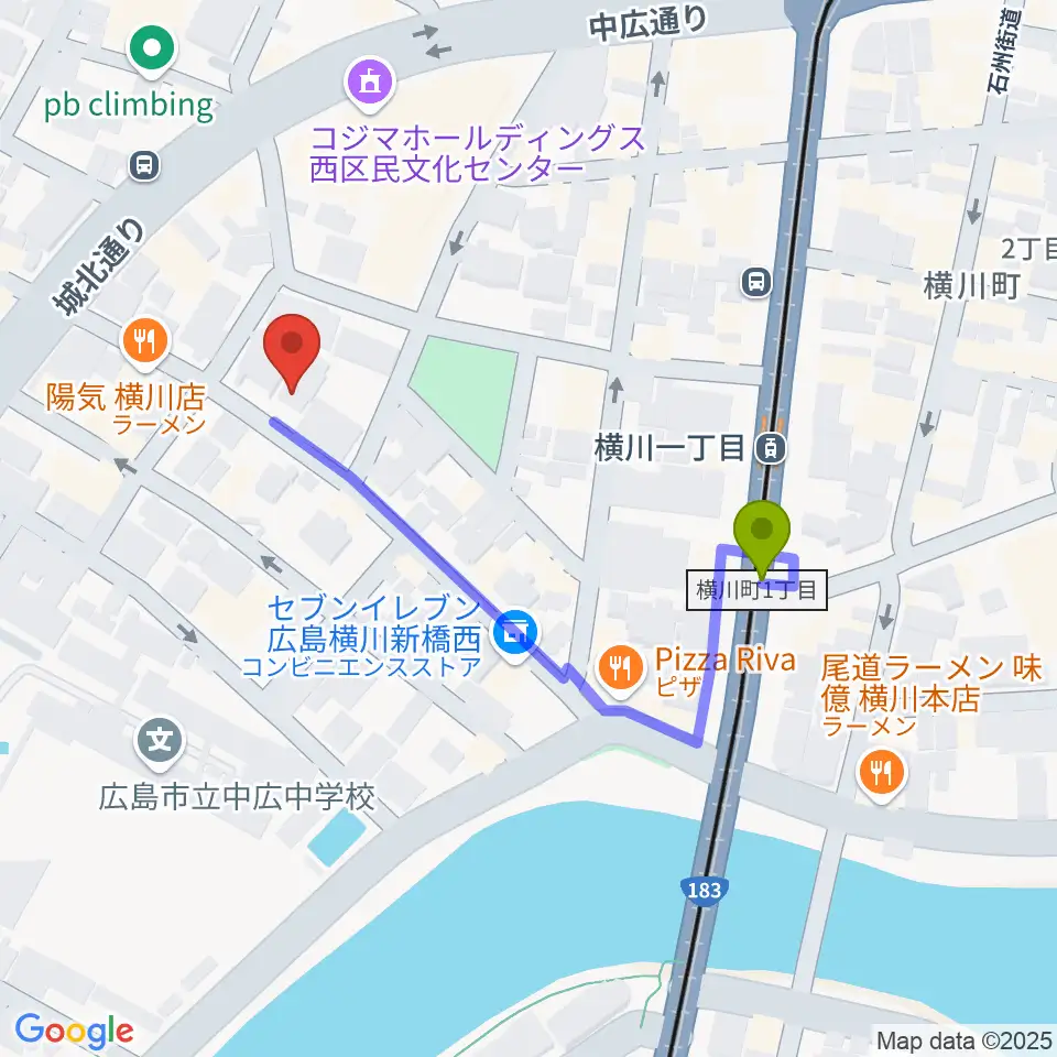 広島コンピュータ専門学校の最寄駅横川一丁目駅からの徒歩ルート（約4分）地図