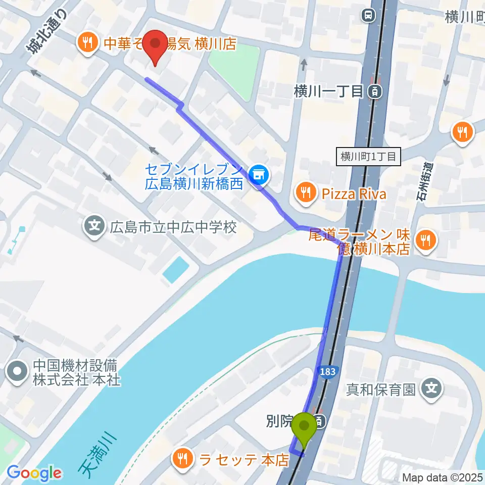 別院前駅から広島コンピュータ専門学校へのルートマップ地図