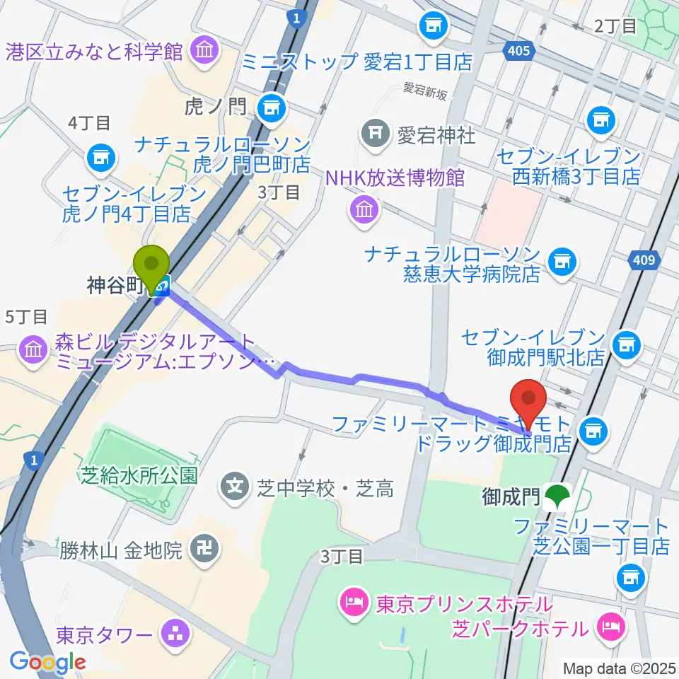 神谷町駅から音響芸術専門学校へのルートマップ地図