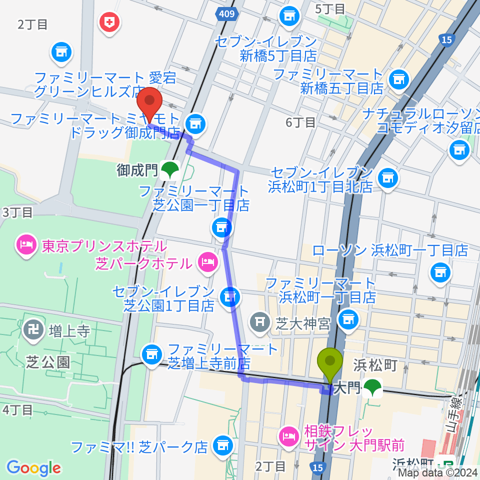 大門駅から音響芸術専門学校へのルートマップ地図