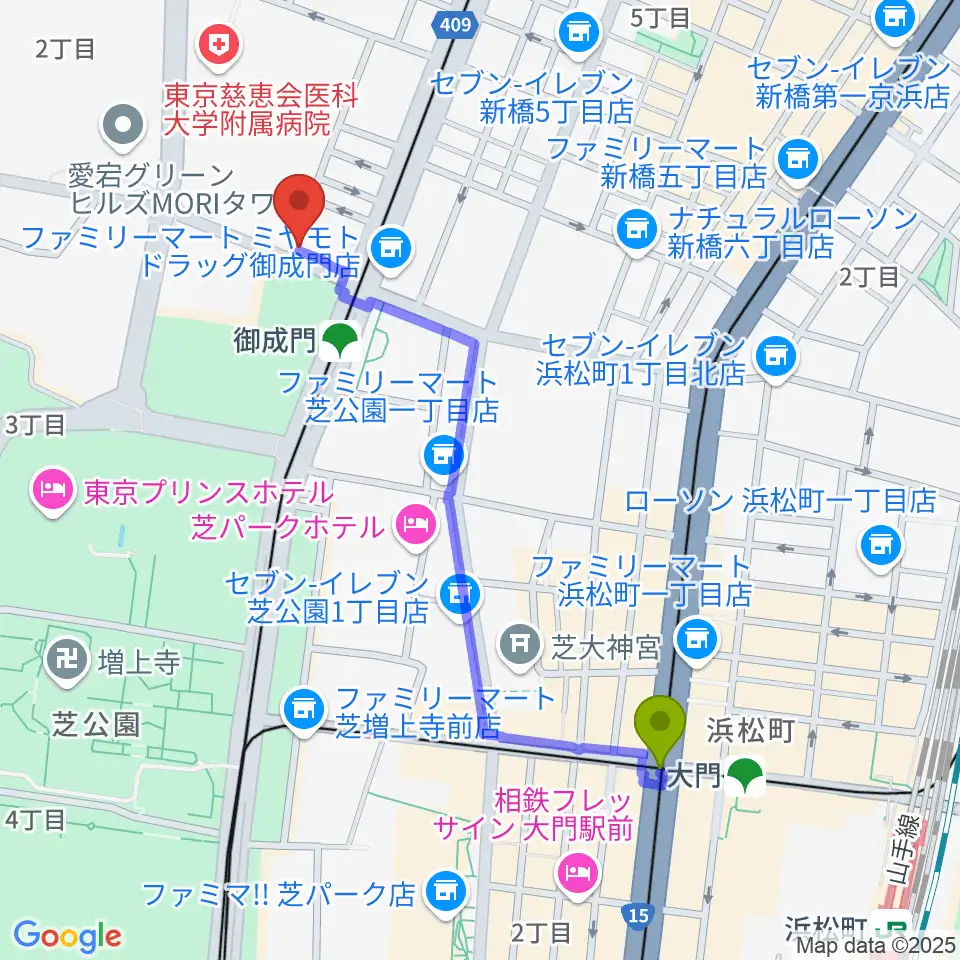 大門駅から音響芸術専門学校へのルートマップ地図