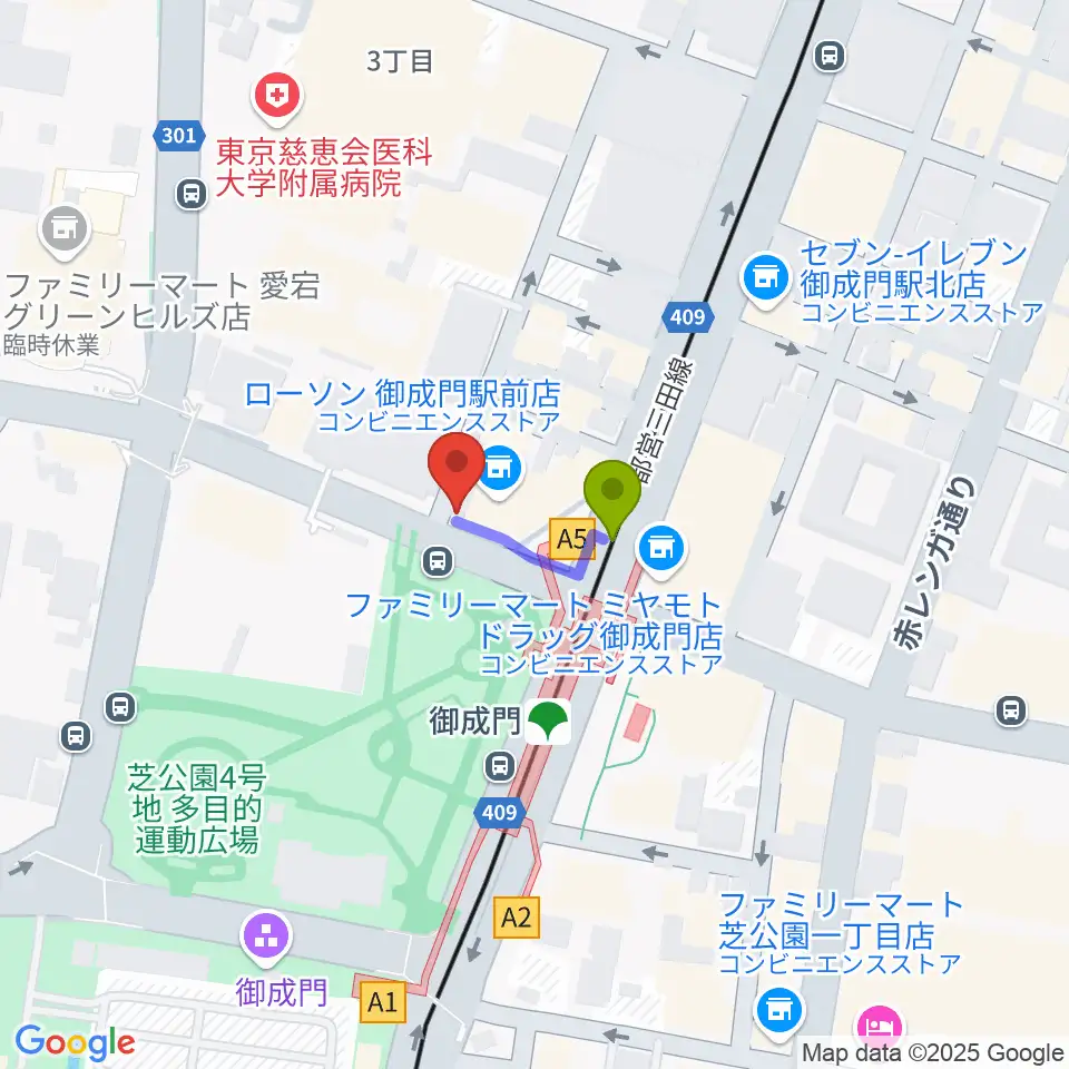 音響芸術専門学校の最寄駅御成門駅からの徒歩ルート（約1分）地図