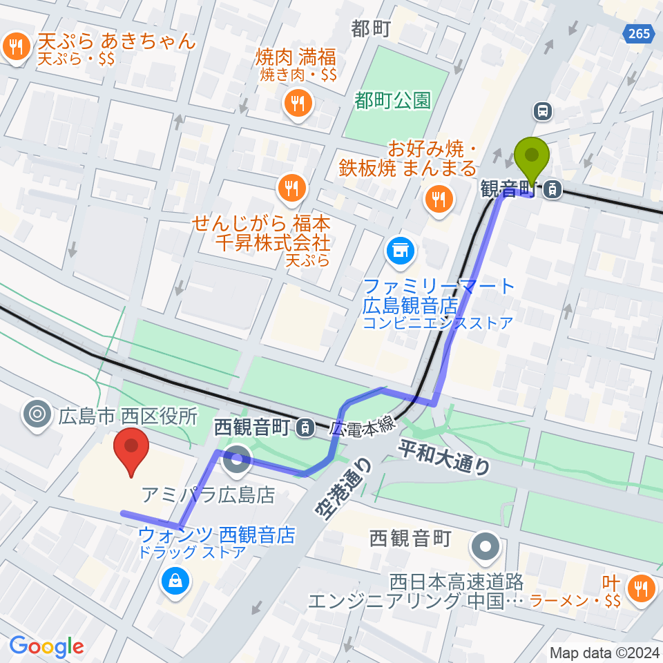 観音町駅から広島工業大学専門学校へのルートマップ地図