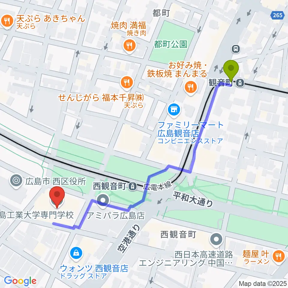 観音町駅から広島工業大学専門学校へのルートマップ地図