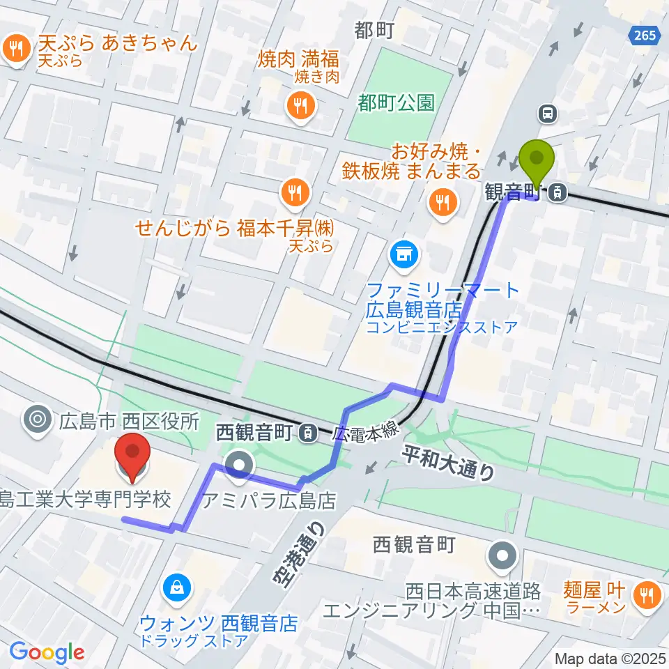 観音町駅から広島工業大学専門学校へのルートマップ地図