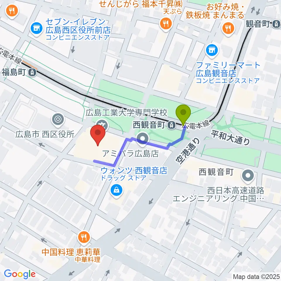 広島工業大学専門学校の最寄駅西観音町駅からの徒歩ルート（約2分）地図