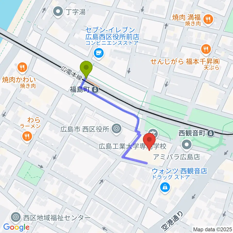 福島町駅から広島工業大学専門学校へのルートマップ地図