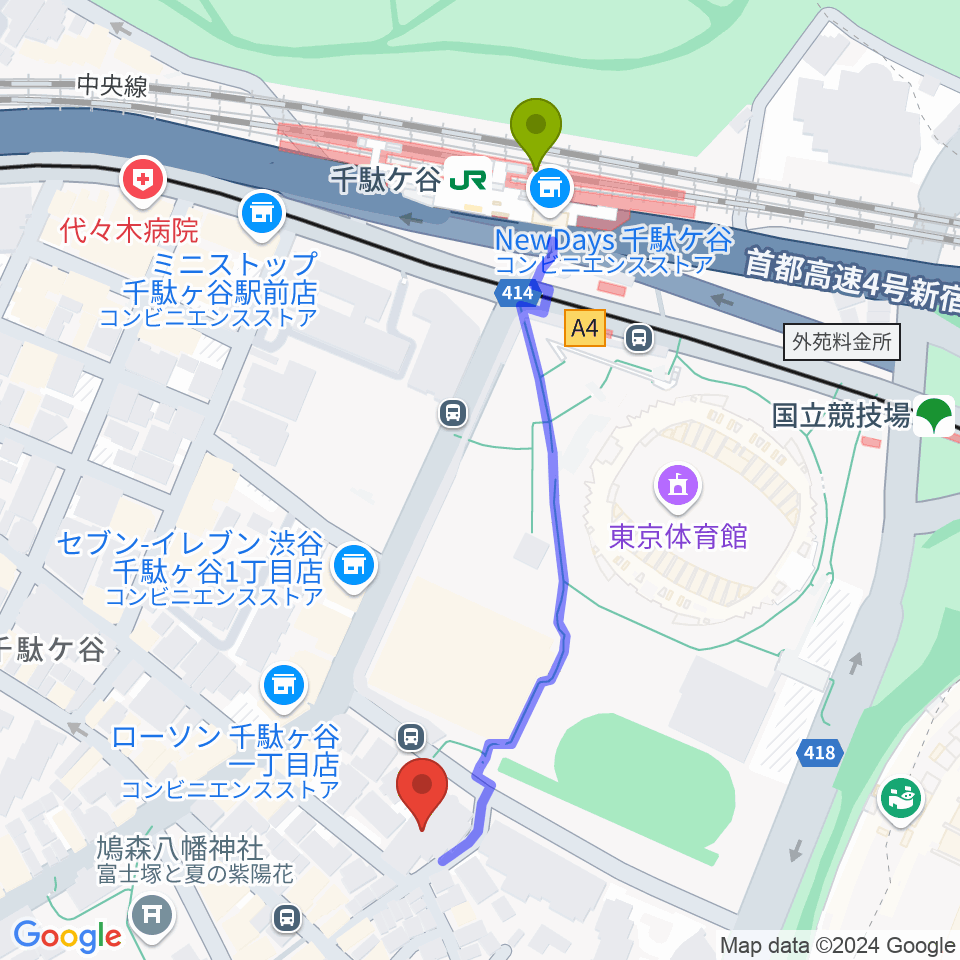 専門学校 東京クールジャパン・アカデミーの最寄駅千駄ケ谷駅からの徒歩ルート（約5分）地図