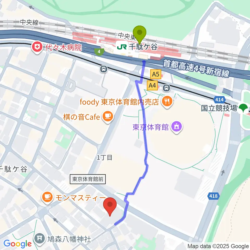 専門学校 東京クールジャパン・アカデミーの最寄駅千駄ケ谷駅からの徒歩ルート（約5分）地図