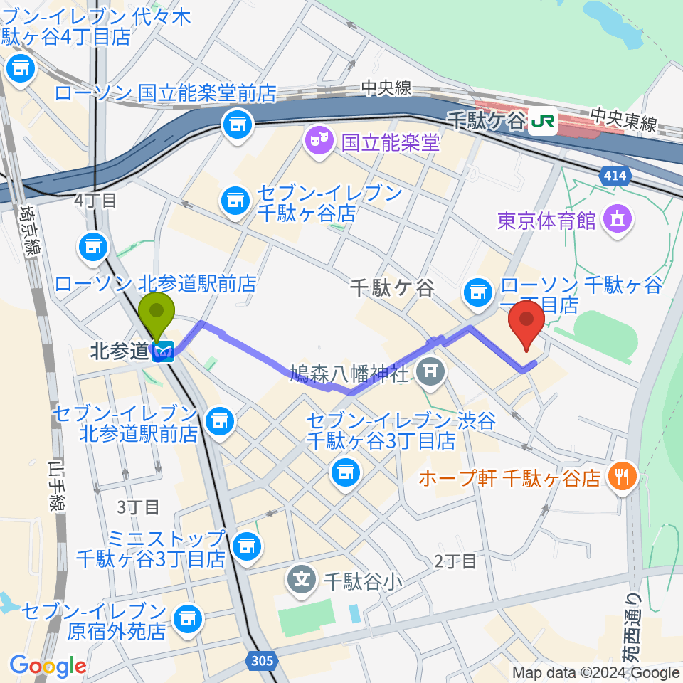 北参道駅から専門学校 東京クールジャパン・アカデミーへのルートマップ地図