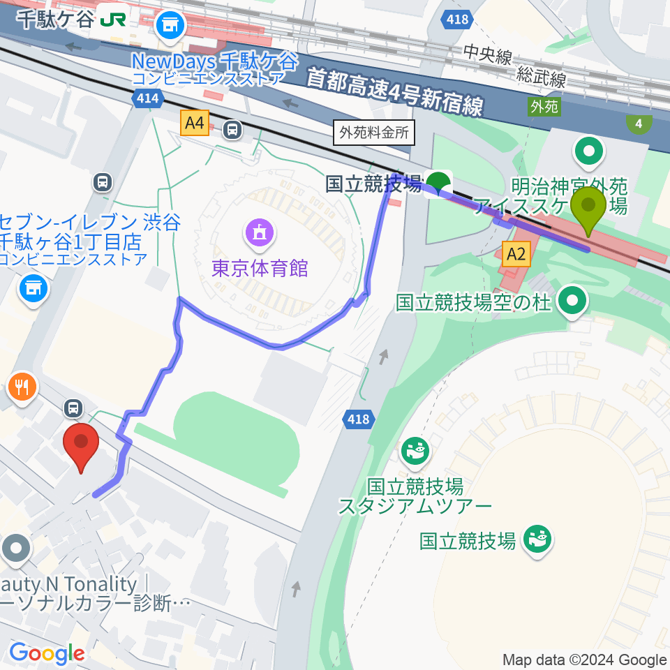 国立競技場駅から専門学校 東京クールジャパン・アカデミーへのルートマップ地図