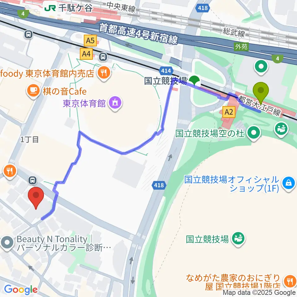 国立競技場駅から専門学校 東京クールジャパン・アカデミーへのルートマップ地図