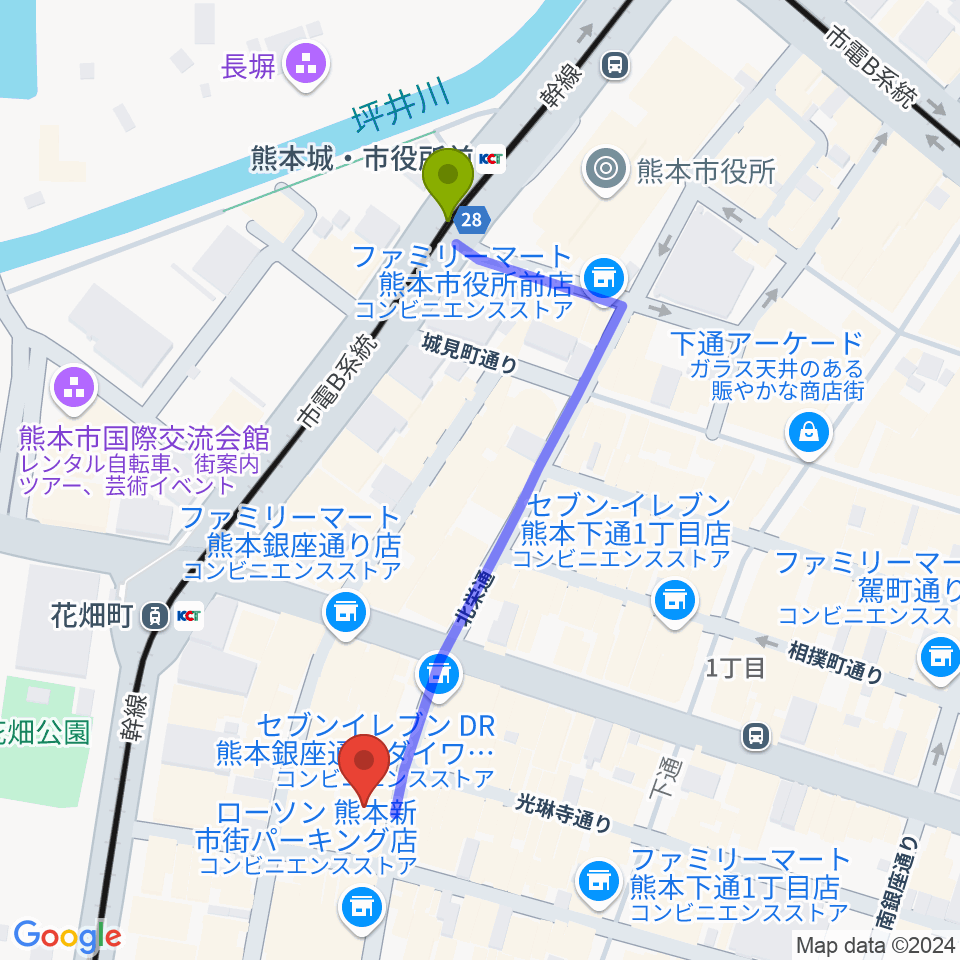 熊本城・市役所前駅から熊本ケンレノンへのルートマップ地図