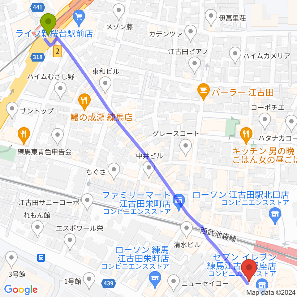 新桜台駅から江古田そるとぴーなつへのルートマップ地図